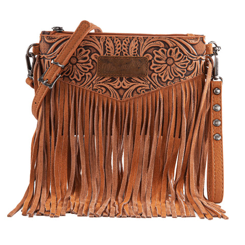 WG63-181 Wrangler Vintage Floral Tooled Collection Fringe Crossbody - Light Brown