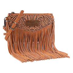 WG63-181 Wrangler Vintage Floral Tooled Collection Fringe Crossbody - Light Brown