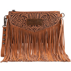 WG63-181 Wrangler Vintage Floral Tooled Collection Fringe Crossbody - Light Brown