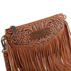WG63-181 Wrangler Vintage Floral Tooled Collection Fringe Crossbody - Light Brown