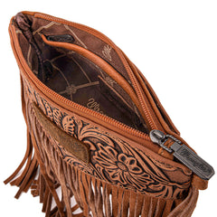 WG63-181 Wrangler Vintage Floral Tooled Collection Fringe Crossbody - Light Brown