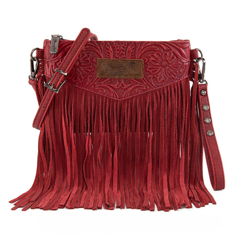 WG63-181 Wrangler Vintage Floral Tooled Collection Fringe Wristlet/Crossbody - Red