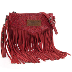 WG63-181 Wrangler Vintage Floral Tooled Collection Fringe Wristlet/Crossbody - Red