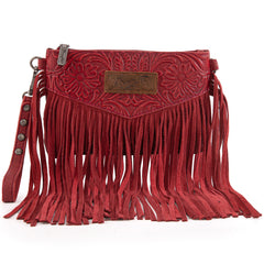 WG63-181 Wrangler Vintage Floral Tooled Collection Fringe Wristlet/Crossbody - Red