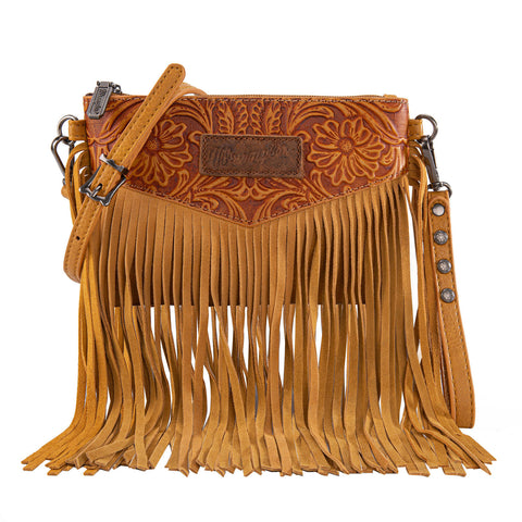 WG63-181 Wrangler Vintage Floral Tooled Collection Fringe Crossbody - Yellow