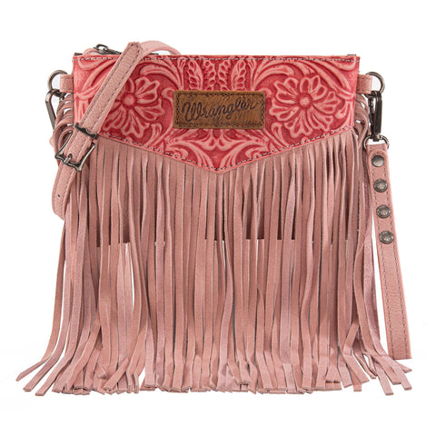 WG63-181 Wrangler Vintage Floral Tooled Collection Fringe Crossbody - Pink