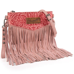WG63-181 Wrangler Vintage Floral Tooled Collection Fringe Crossbody - Pink