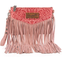 WG63-181 Wrangler Vintage Floral Tooled Collection Fringe Crossbody - Pink