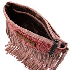 WG63-181 Wrangler Vintage Floral Tooled Collection Fringe Crossbody - Pink