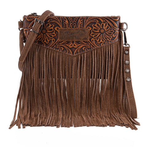 WG63-181 Wrangler Vintage Floral Tooled Collection Fringe Wristlet/Crossbody - Oakwood