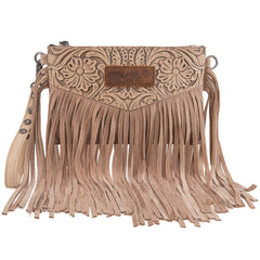 WG63-181 Wrangler Vintage Floral Tooled Collection Fringe Wristlet/Crossbody - Khaki