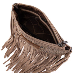 WG63-181 Wrangler Vintage Floral Tooled Collection Fringe Wristlet/Crossbody - Khaki