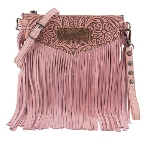 WG63-181 Wrangler Vintage Floral Tooled Collection Fringe Wristlet/Crossbody - Peach