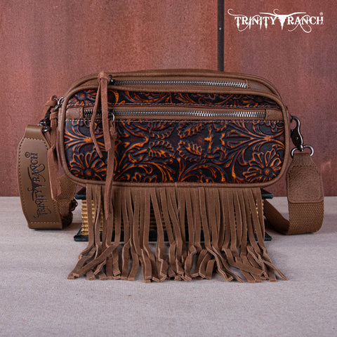 TR165-198  Trinity Ranch Floral Tooled Triple Zippered Pocket Fringe Belt Bag