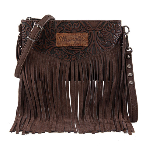 WG63-181 Wrangler Vintage Floral Tooled Collection Fringe Crossbody - Coffee