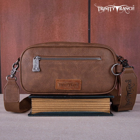 TR165-198  Trinity Ranch Floral Tooled Triple Zippered Pocket Fringe Belt Bag