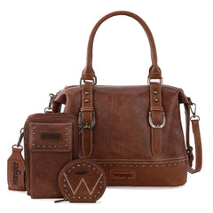 WG48S-S5110  Wrangler 3Pcs Set Buckle Classic Barrel Satchel With Phone Wallet Crossbody -Brown