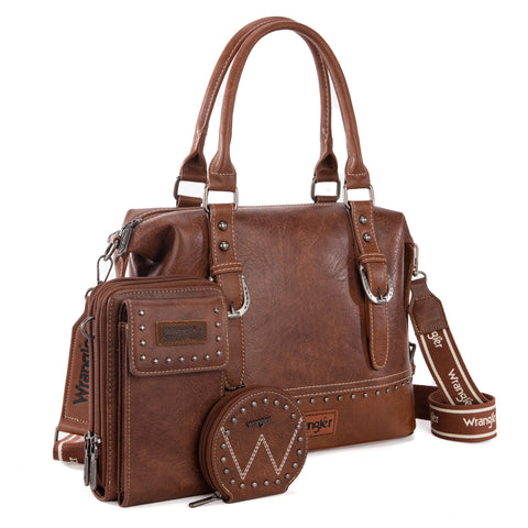 WG48S-S5110  Wrangler 3Pcs Set Buckle Classic Barrel Satchel With Phone Wallet Crossbody -Brown