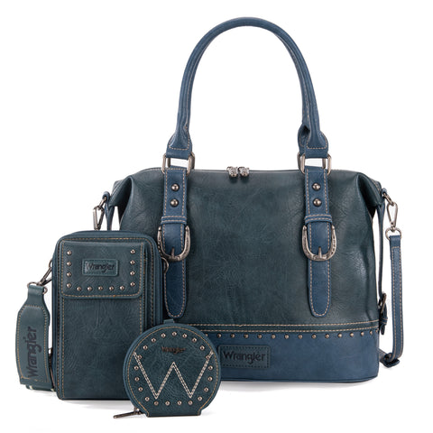 WG48S-S5110  Wrangler 3Pcs Set Buckle Classic Barrel Satchel With Phone Wallet Crossbody -Jean