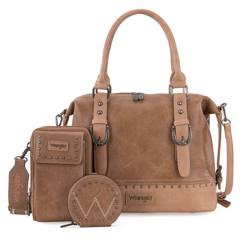 WG48S-S5110  Wrangler 3Pcs Set Buckle Classic Barrel Satchel With Phone Wallet Crossbody -Khaki