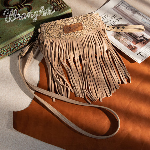 WG63-181 Wrangler Vintage Floral Tooled Collection Fringe Wristlet/Crossbody - Khaki
