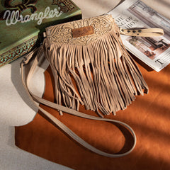 WG63-181 Wrangler Vintage Floral Tooled Collection Fringe Wristlet/Crossbody - Khaki