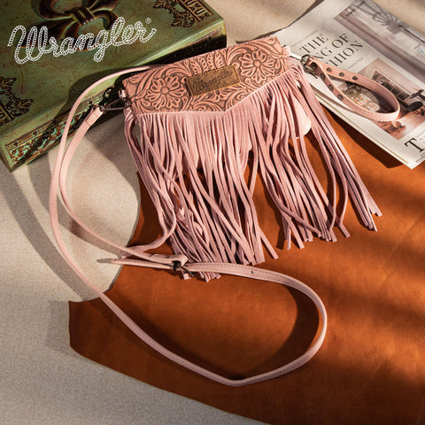 WG63-181 Wrangler Vintage Floral Tooled Collection Fringe Wristlet/Crossbody - Peach