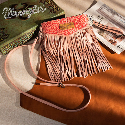 WG63-181 Wrangler Vintage Floral Tooled Collection Fringe Crossbody - Pink