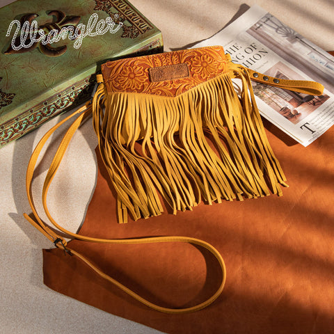 WG63-181 Wrangler Vintage Floral Tooled Collection Fringe Crossbody - Yellow