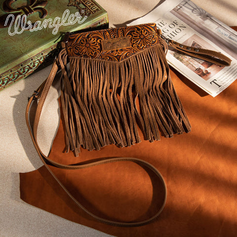 WG63-181 Wrangler Vintage Floral Tooled Collection Fringe Wristlet/Crossbody - Oakwood