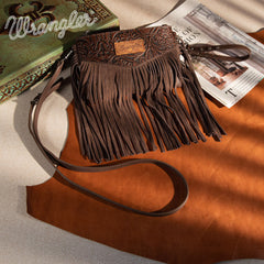 WG63-181 Wrangler Vintage Floral Tooled Collection Fringe Crossbody - Coffee