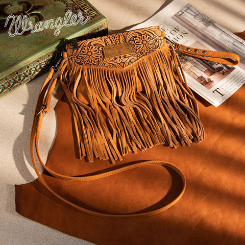 WG63-181 Wrangler Vintage Floral Tooled Collection Fringe Crossbody - Light Brown