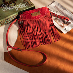 WG63-181 Wrangler Vintage Floral Tooled Collection Fringe Wristlet/Crossbody - Red