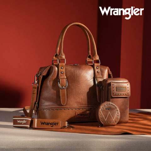 WG48S-S5110  Wrangler 3Pcs Set Buckle Classic Barrel Satchel With Phone Wallet Crossbody -Brown
