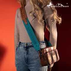 PST-2003  Montana West Western Guitar Style Floral Tooled Crossbody Strap - Turquoise