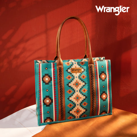 WG2203-8119 Wrangler Southwestern Pattern Dual Sided Print Canvas Wide Tote Turquoise