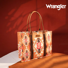 WG2203-8119 Wrangler Southwestern Pattern Dual Sided Print Canvas Wide Tote Orange