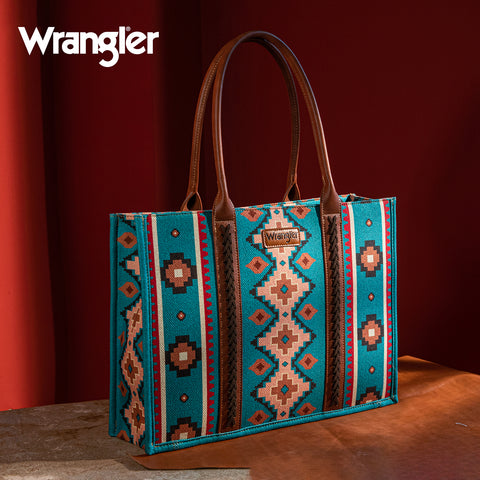 WG2203-8119 Wrangler Southwestern Pattern Dual Sided Print Canvas Wide Tote Dark Turquoise