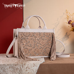 TR188-2003   Trinity Ranch Floral Tooled Fringe Concealed Carry Tote/Crossbody