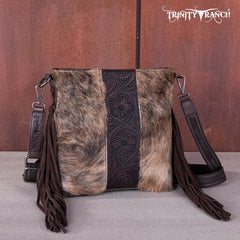 TR159G-9360   Trinity Ranch Hair-On Cowhide/Tooled Fringe Concealed Carry Crossbody Bag