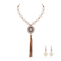 RNS-1040  Rustic Couture's Beaded Leather Tassels Turquoise Stone Pendant Necklace Earring Set