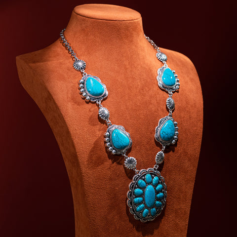 WJ-1039  Rustic Couture   Turquoise Concho Statement Necklace