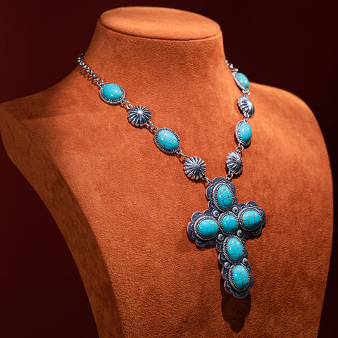 WJ-1040  Rustic Couture  Turquoise Concho Statement Necklace