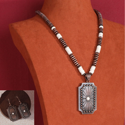 WNS-1045  Wrangler Jewelry Sets Navajo Concho Pendant Beaded Necklace Earrings Set