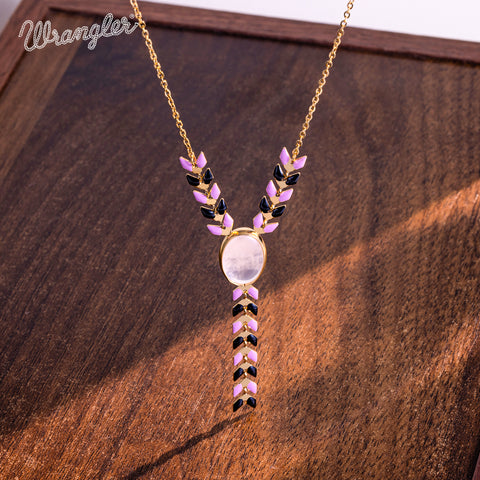 WNS-1057   Wrangler 14K Gold Western Y Necklace Oval Shaped  Natural Stone Pendant