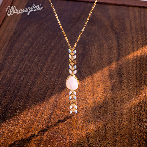 WNS-1058   Wrangler 14K Gold Western Wheat Necklace Tear Drop Shaped Natural Stone Pendant