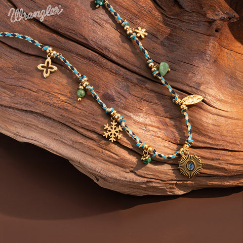 WNS-1077   Wrangler Western 14K Rope Chain Necklace Charm Sunburst Pendant