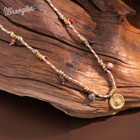 WNS-1078   Wrangler Western 14K Rope Chain Necklace Charm Floral Disc Pendant