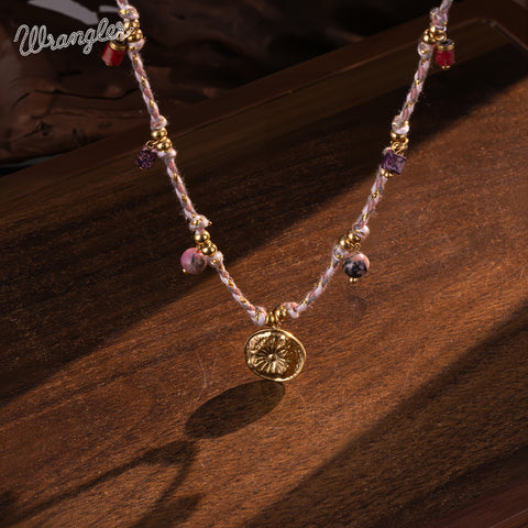 WNS-1078   Wrangler Western 14K Rope Chain Necklace Charm Floral Disc Pendant
