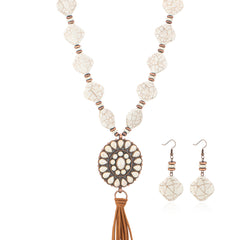 RNS-1040  Rustic Couture's Beaded Leather Tassels Turquoise Stone Pendant Necklace Earring Set